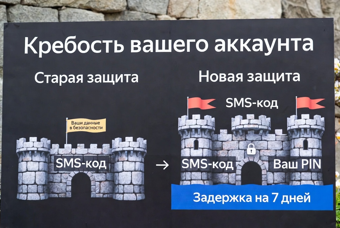 Новая архитектура вашей безопасности. Одна стена (SMS) — это уязвимо. Две стены (SMS + PIN) и ров (задержка) — это крепость. Мошенники ищут лёгкие цели, а такая оборона заставляет их просто пройти мимо.