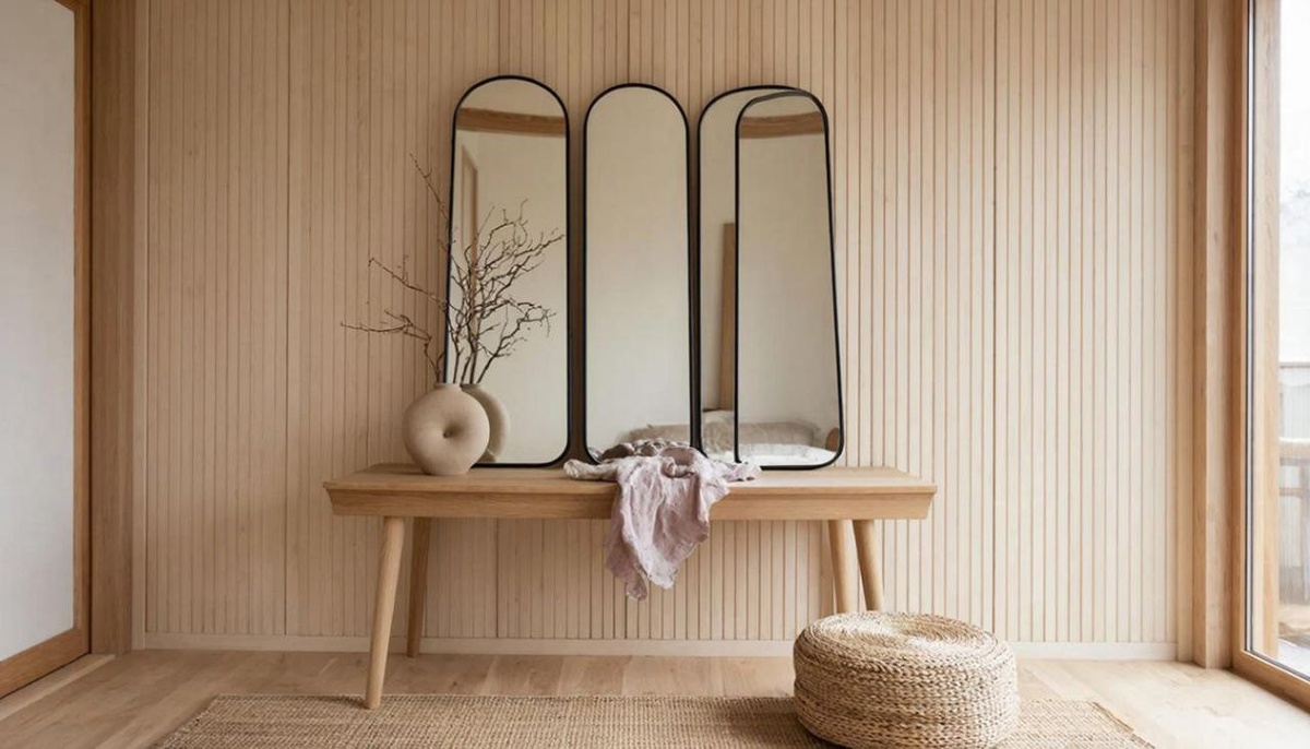 Минималистичное тройное зеркало подходит для интерьера в стиле джапанди