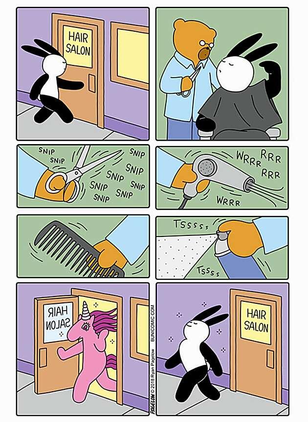 Перевод надписей и звуков: "Парикмахерская", "Чик-чик", "Врр", "Пшш". В общем, подстриг, посушил и укладку сделал.