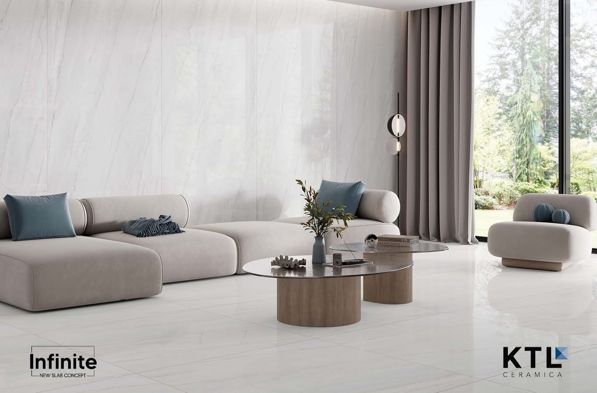 Для создания этого интерьера был использован керамогранит из коллекции Tiffany от бренда KTL‑KERATILE. Infinite — направление крупного формата фабрики