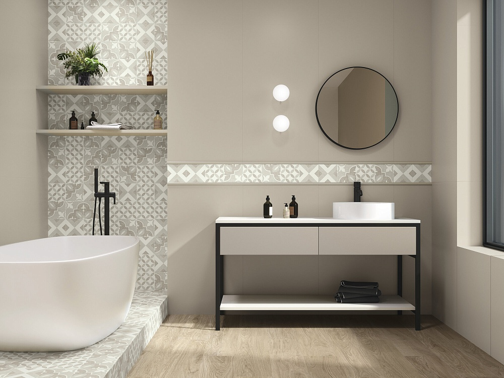 Для создания этого интерьера был использован мелкоформатный керамогранит из коллекции Brianna от бренда APE Ceramica