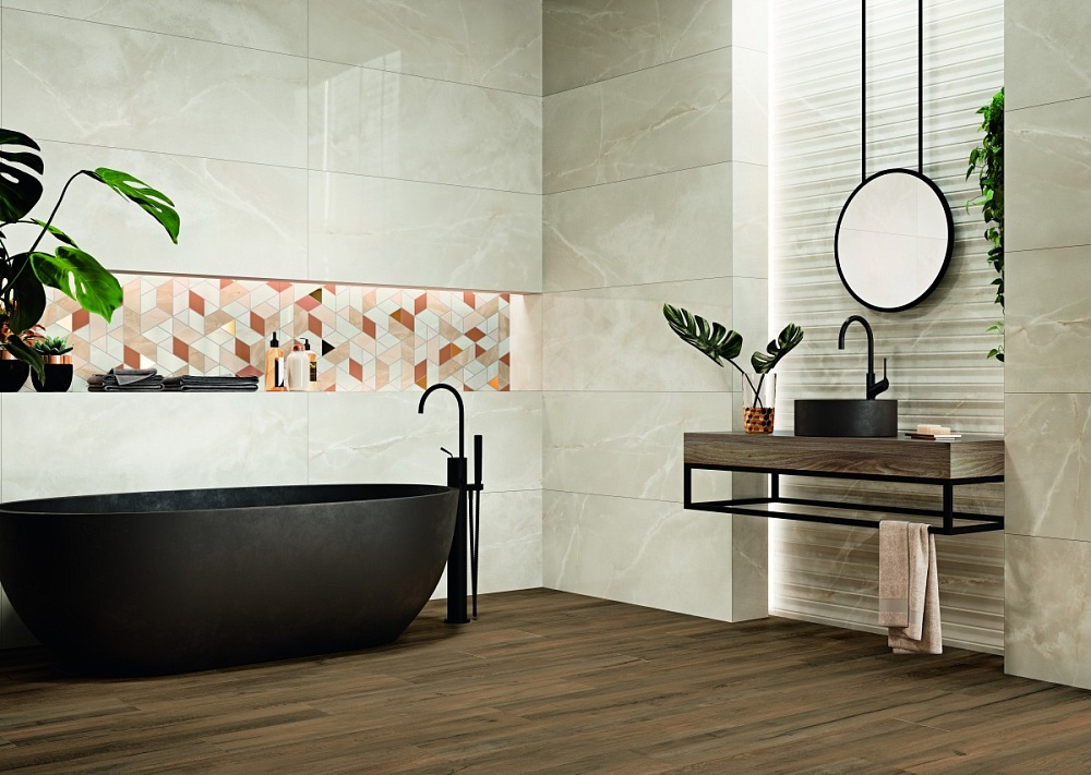 Для создания этого интерьера был использован керамогранит из коллекции Alabaster, фабрика Grespania