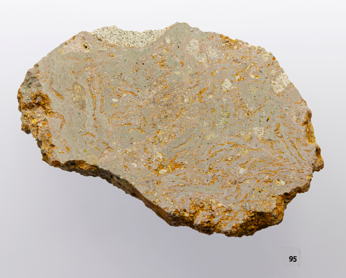 Пластина частично расплавленной породы (зювит), размер 15х11х2 см, масса 390 гр. из метеоритного кратера Нордлингер-Рис (Германия). Диаметр кратера 24 км, возраст 14,3 млн лет. Метеоритная коллекция Московского планетария, № 95.