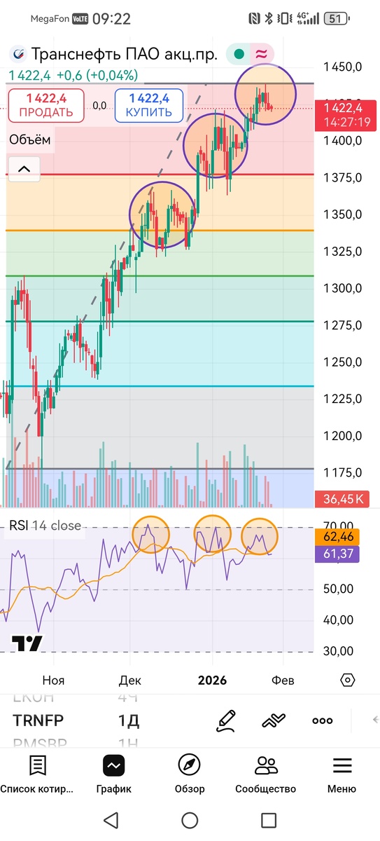 Дневной таймфрейм акций Транснефть