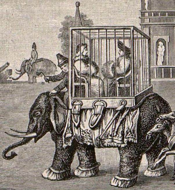 Слон с железной клеткой вместо кареты везёт жениха и невесту — шута-князя и калмычку-шутиху — на шутовскую свадьбу к Ледяному дому императрицы Анны Иоанновны. На заднем плане видны другие слоны и дворцовые постройки, подчёркивающие карнавальный, почти цирковой характер жестокого придворного спектакля.