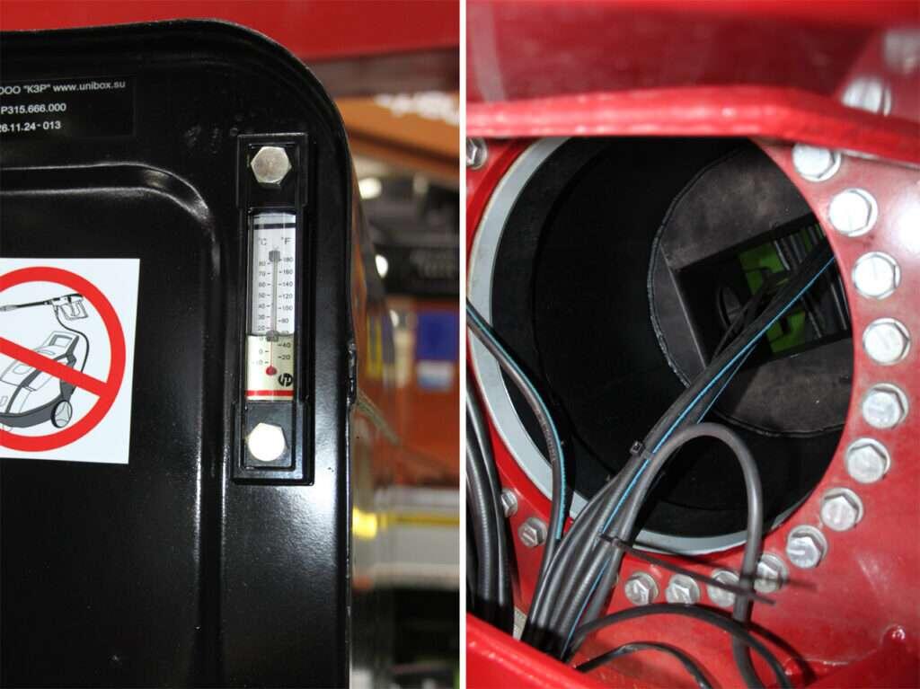    Указатель температуры жидкости в гидробаке не требует электричества. Вместо центрального коллектора – просто гибкие РВД.