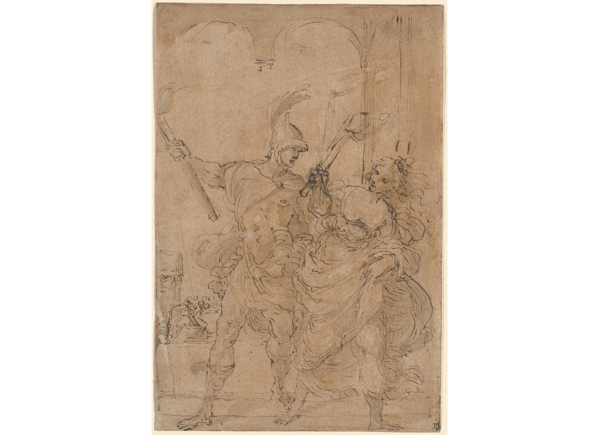 Лодовико Карраччи — «Александр и Таис поджигают Персеполь», ок. 1592.
В этом наброске уже закреплена версия с пиром: Александр с факелом и Таис рядом, а внизу — толпа, готовая повторить жест царя. Так спорный эпизод из античных текстов превращается в эффектную сцену, где искра выглядит важнее причин.