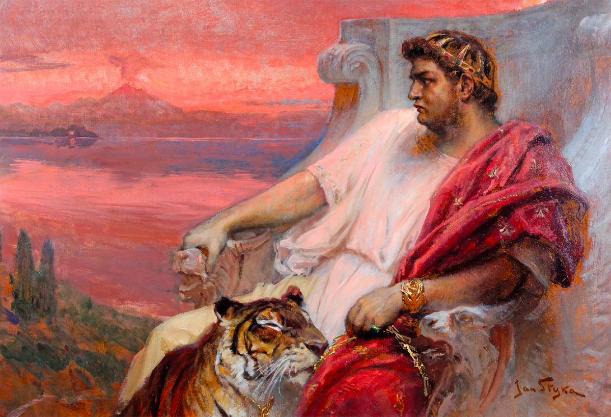 Взгляд тлеет, как уголь. Рядом с Нероном — ручной тигр. Император безучастно сидит на троне и смотрит на римский курорт Байи, а на горизонте зловеще дымит Везувий. На картине польского художника Яна Стыки (около 1900 года; ныне в частной коллекции) этот образ работает как визуальная формула его репутации — жестокого и безжалостного правителя.