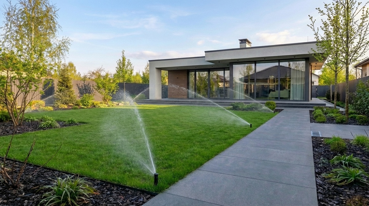 После работ дренажу, автополиву, газон и посадке растений