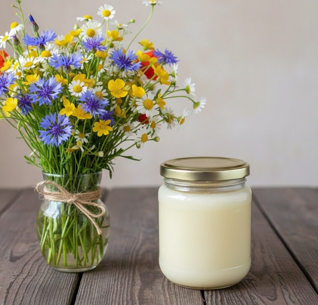 Сгенерировано ИИ, т.к. я не догадалсь сфоткать масло в процессе приготовления. Из козьего молока гхи действительно, получается не таким желтым, как из коровьего. Но вкус превосходный!