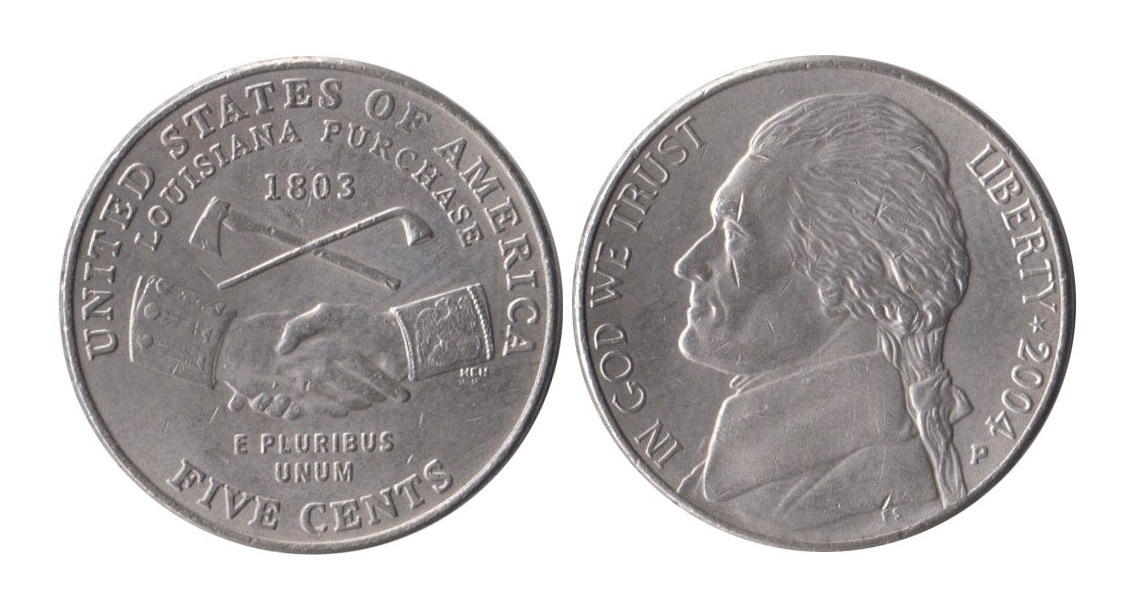 Юбилейная монета 5 центов США 2004 г. - Приобретение Луизианы
