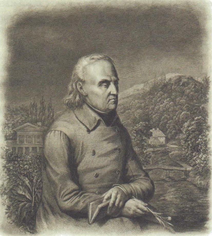 Ботаник С. Б. Юндзилл на фоне Замковой горы в Вильно, где им был разбит ботанический сад. Литография из «Виленского альбома» Я. Вильчинского