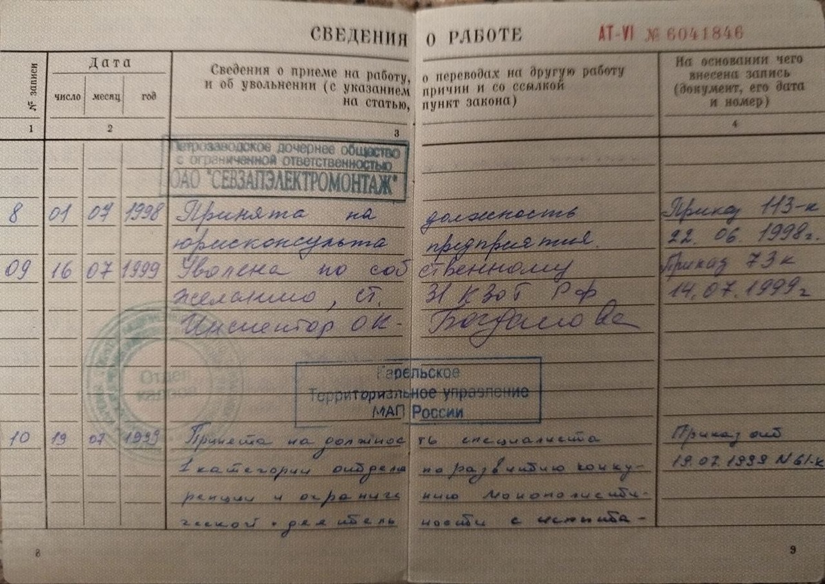 Личное фото трудовой книжки автора