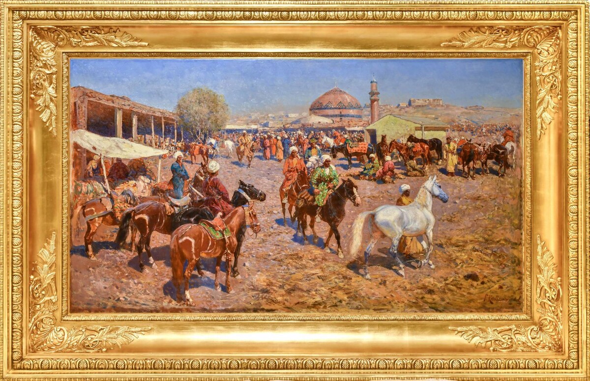 Конный рынок, 1910-е - 1920-е гг., материалы: холст, масло, размеры: 86 х 150 см. Источник: https://moscow-auction.ru