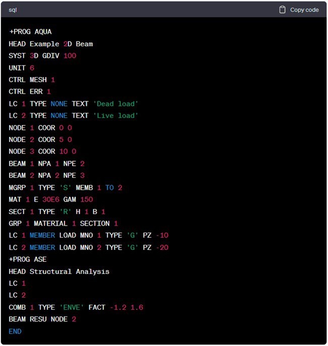 Рисунок 1. Код SOFiSTiK, сгенерированный GPT-5 после запроса на создание Teddy-файла без предоставления дополнительного контекста (прямое использование ChatGPT). Следует отметить, что ChatGPT постоянно дообучается на пользовательских запросах, поэтому прямое использование ChatGPT для генерации файлов SOFiSTiK со временем может существенно улучшиться.