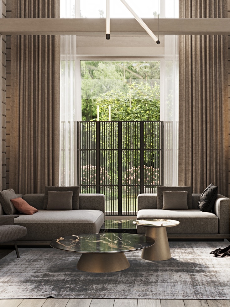 На окнах для затенения используются трендовые жалюзи-шаттерсы