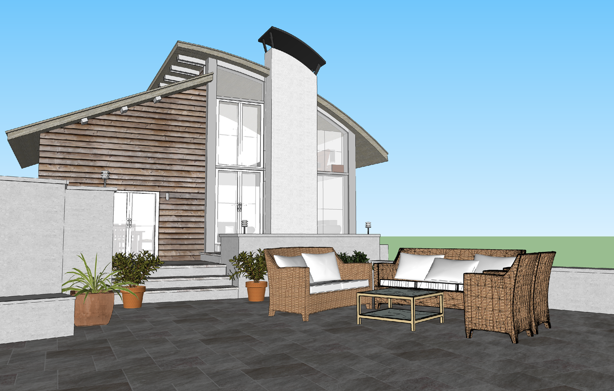 Рендер в Scetch Up. Если не интегрировать его ни с каким движком, то в чистом виде он выглядит так. Для схематичной демонстрации проекта на начальной стадии большего обычно не надо