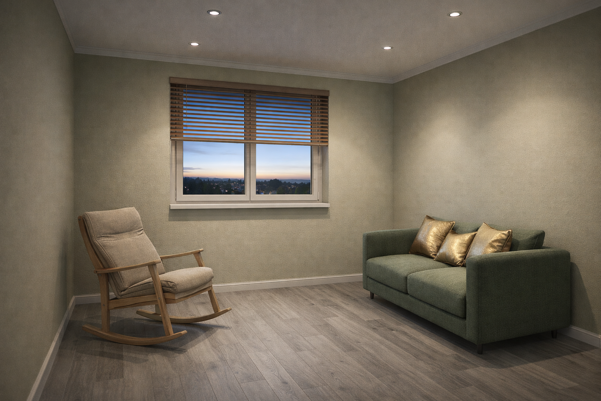 Сгенерированный рендер в Chat GPT. Промт мы задали такой: " Комната квадратная, с одним окном, за окном виден вечерний пейзаж, на окне горизонтальные жалюзи цветом под дерево, стены выкрашены в светло-оливковый цвет, на потолке три точечных светильника. Пол - серый ламинат. В углу комнаты стоит кресло-качалка в цвете светлого дерева. Справа от кресла - маленький диван зеленого цвета. На диване лежат три декоративных подушки в золотом цвете" В целом вышло неплохо. Общую атмосферу, палитру интерьера передает. Но нейросеть ошиблась в количестве сетильников, не совсем точно передала падение света и тени, ей никак не задашь точный размер окна и модель кресла. Поэтому для передачи палитры или распложения мебели - ок. Но для точной визуализации будущего ремонта - нет. 