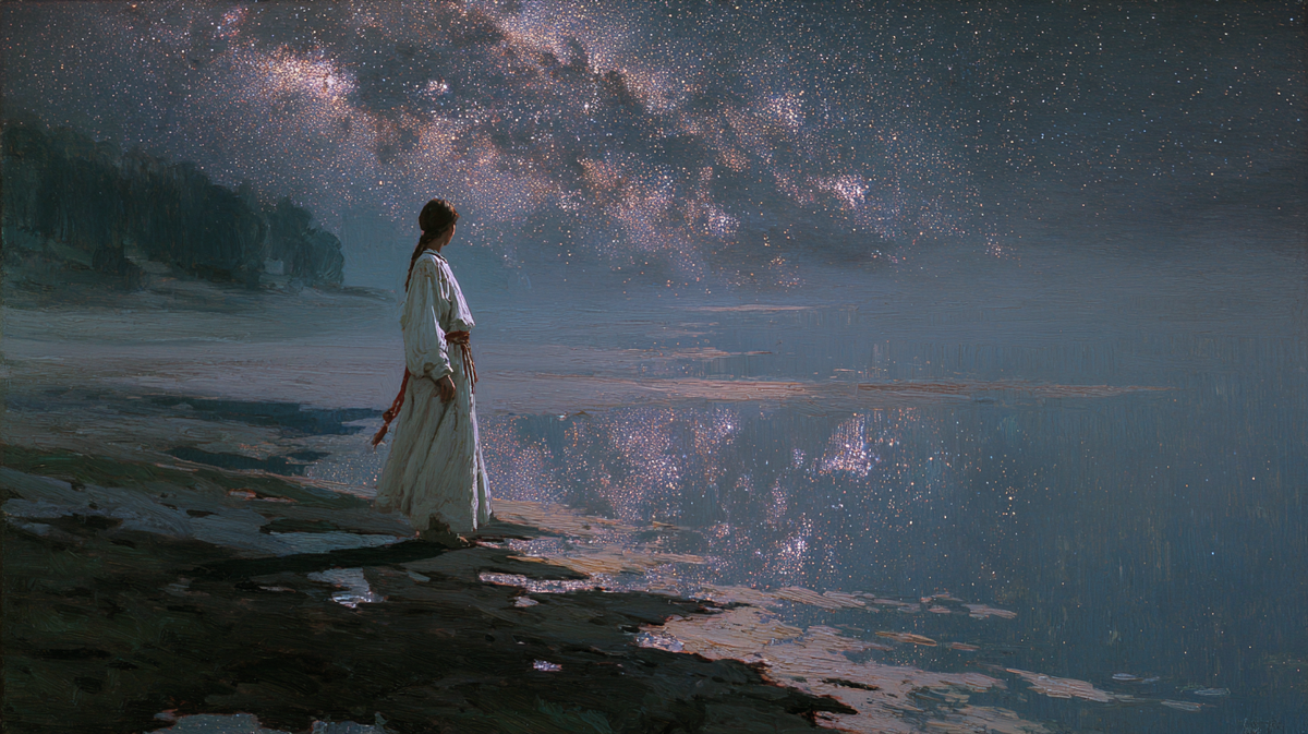 Одинокая фигура у реки смотрит туда, где отражение Млечного пути превращает воду в волшебный мост между миром яви и тайной. Куда ведёт этот сияющий поток?