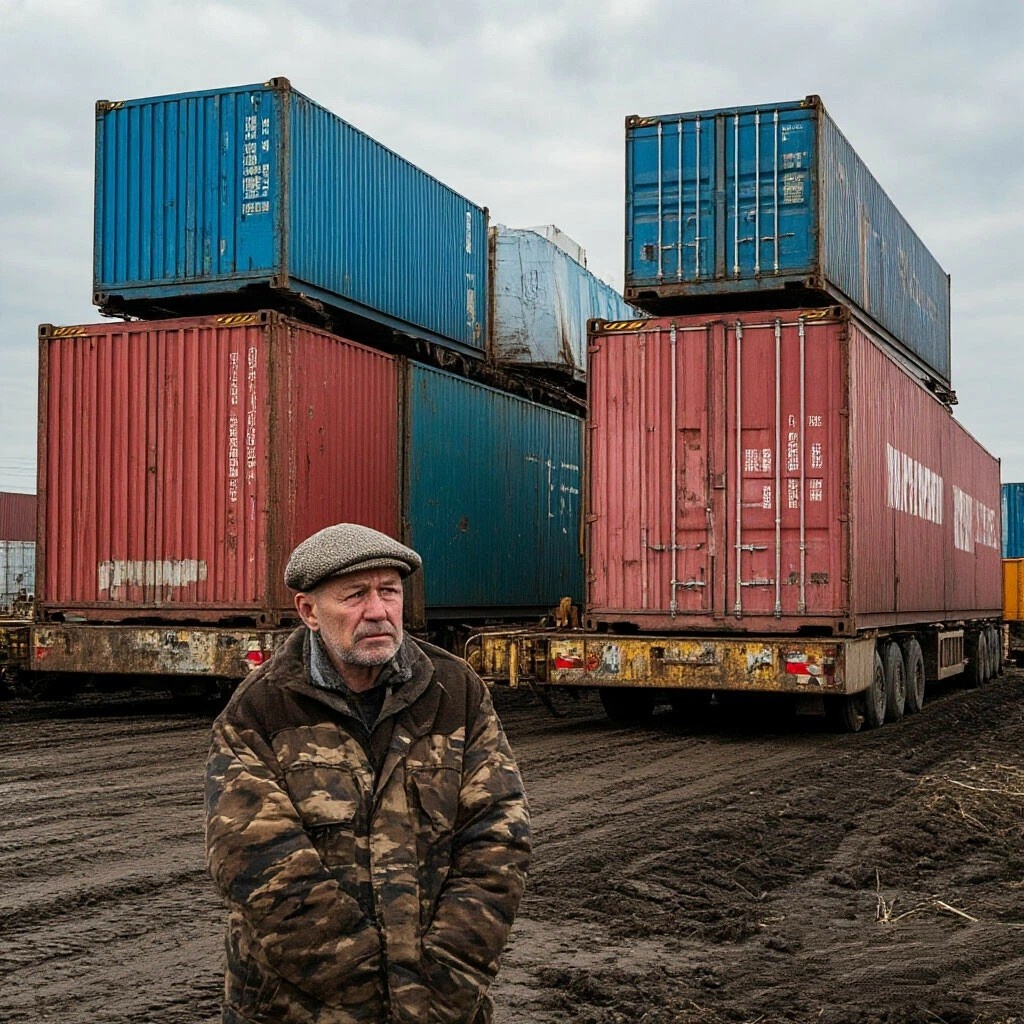 На заднем плане : Гигантские контейнеры с курятиной из Китая. На переднем плане : Грустный русский фермер задумался о своём небольшом свиноводческом бизнесе. 