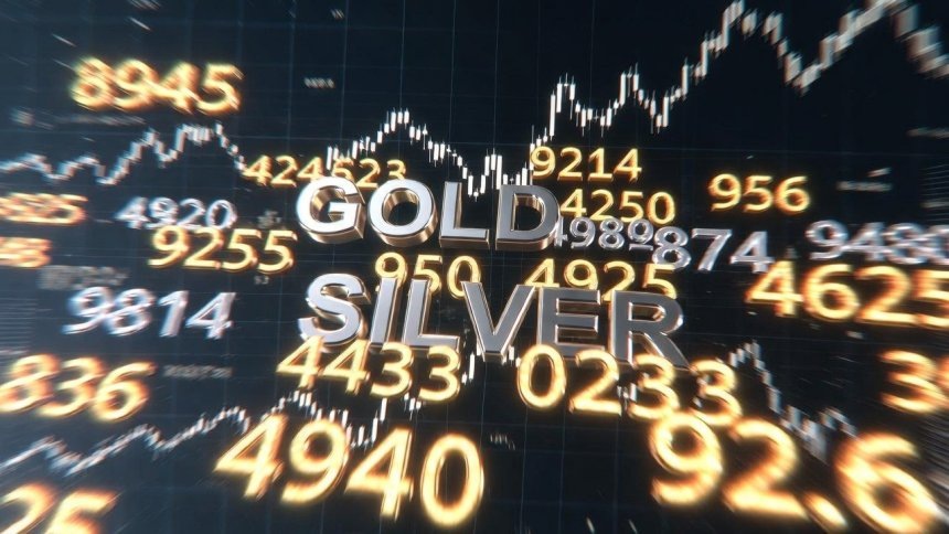 Золото и серебро, надпись по-английски на фоне биржевых графиков ИИ, Grok