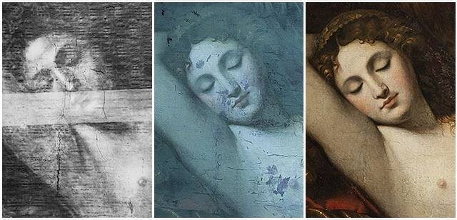 Исследование картины «Спящая Венера» из Орловского художественного музея в рентгеновских и ультрафиолетовых лучах. На рентгене видны трещины и фактура холста, в ультрафиолетовых лучах видны темные пятна поздних записей.