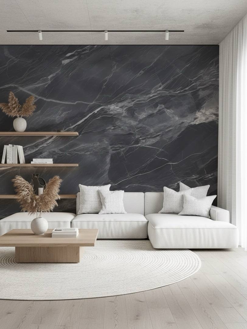 Пример сбалансированного по цветовой гамме интерьера гостиной с отделкой стены тёмными фотообоями VEROL. Артикул на WB: 251251352.