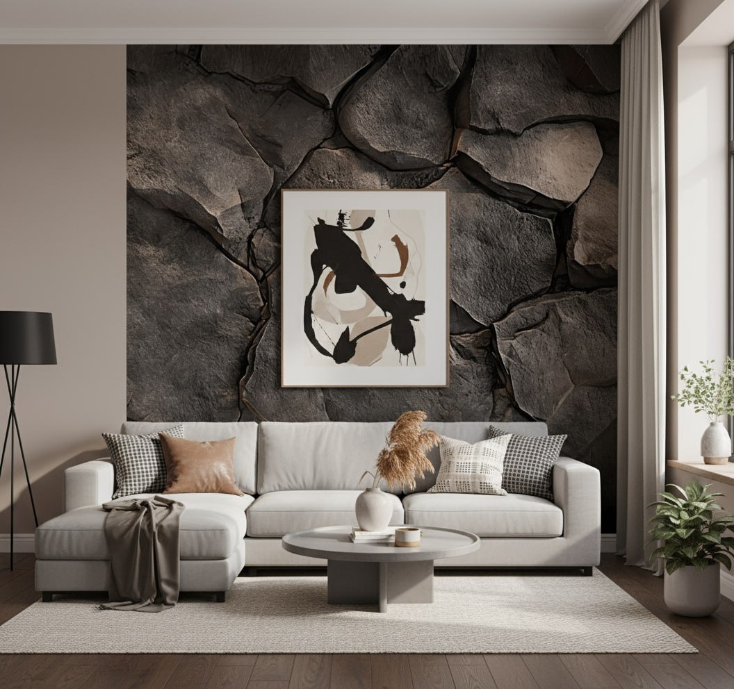 Пример интерьера гостиной с акцентной отделкой стены тёмными фотообоями VEROL в сочетании со светлыми основными обоями и постером. Артикул на WB: 295680078.