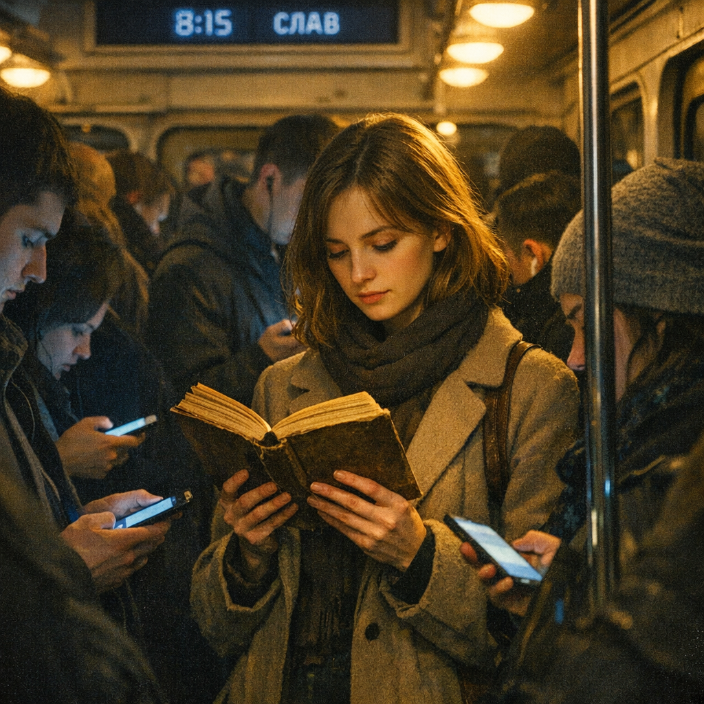 Обычное утро — пятьдесят человек в вагоне, сто телефонов на всех, и она.