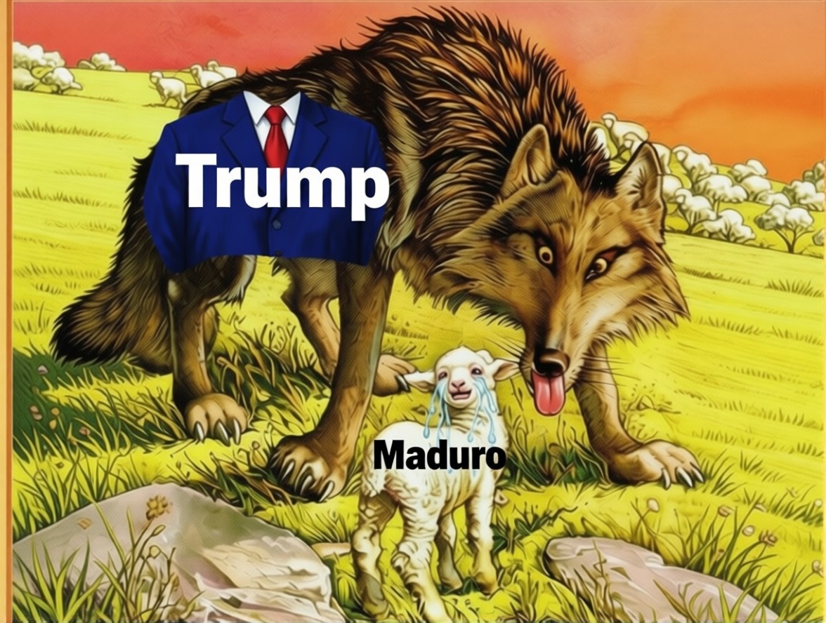 Волк облизывается, а ягнёнок рыдает. Рядом пасутся европейские овцы, но волк их пока не ест.