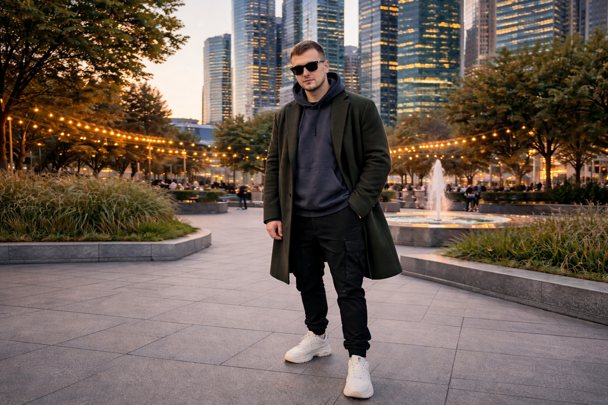 Деловой оверсайз худи с белыми кроссовками