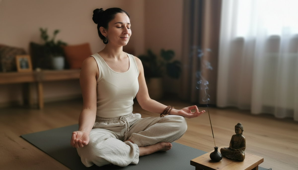 Используя это фото как основу, сохрани точные черты лица девушки-йогини, тёплый рассветный свет из окна, мягкий естественный макияж, свободные светлые льняные штаны и топ цвета слоновой кости, она сидит на коврике для йоги в позе полулотоса, спина прямая, ладони на коленях в чин-мудре, на запястье чётки, ракурс 3/4 спереди слегка сверху, мимика мягкая полуулыбка, глаза полуприкрыты, губы едва заметно шепчут мантру «ОМ», рядом горит аромопалочка и маленькая статуэтка Будды, реалистичный фотостиль премиум-качества, 8K.
