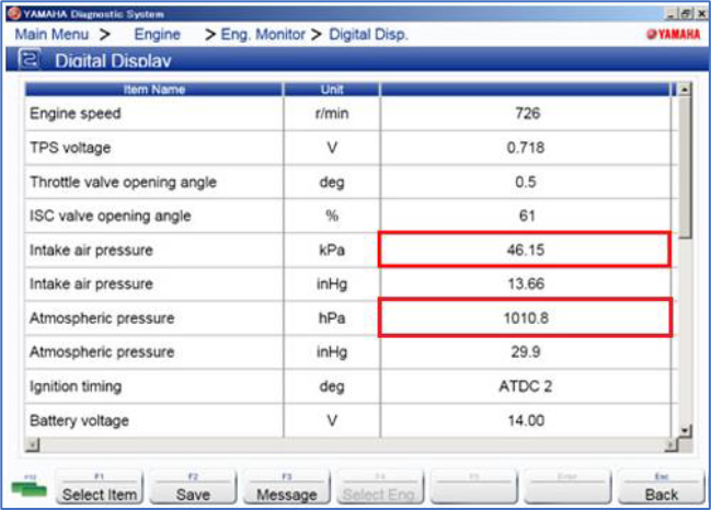 Пример диагностики подвесного мотора YAMAHA с данными мониторинга – показания атмосферного давления (Atmospheric pressure) и давления на впуске (Intake air pressure).