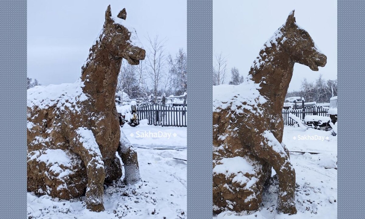 Символ 2026 года, красная огненная лошадь, скульптура из коровьего навоза, сделанная в Якутии, фото:sakhaday.ru; обработка Vokrugsveta.ru
