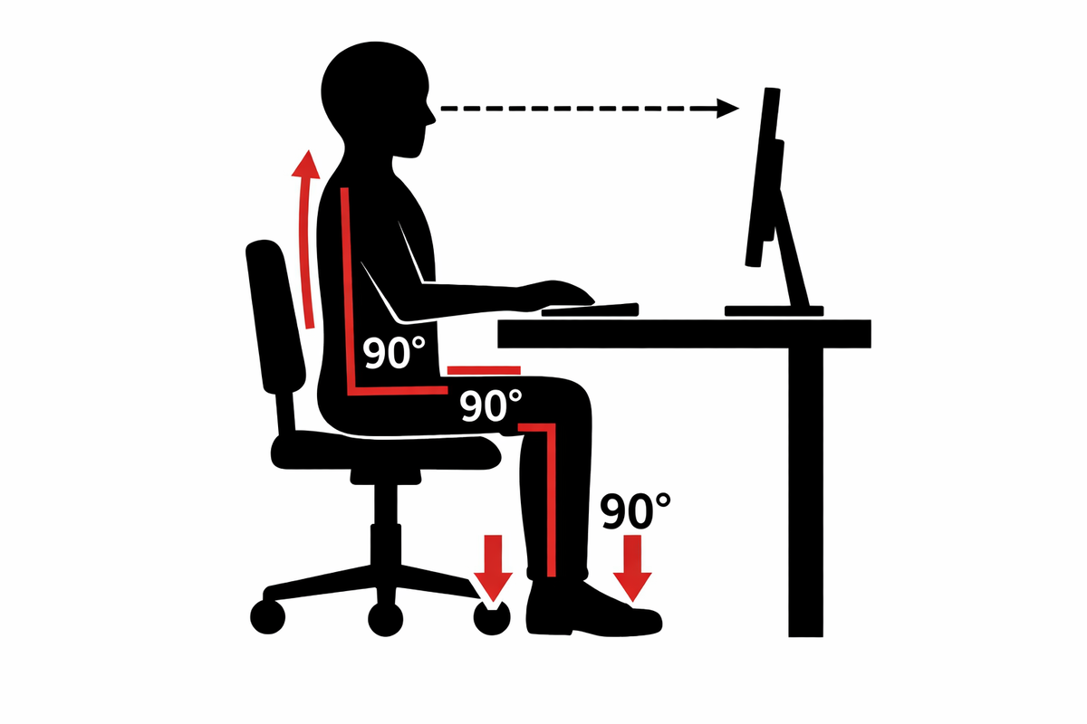 Схема правильной осанки при сидении за столом с прямой спиной и углом 90 градусов в коленях и локтях для работы за компьютером