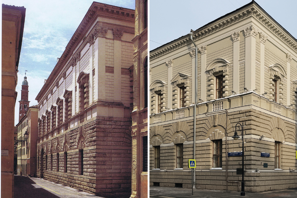 Слева — палаццо Тьене в Виченце, справа — особняк Тарасова на Спиридоновке