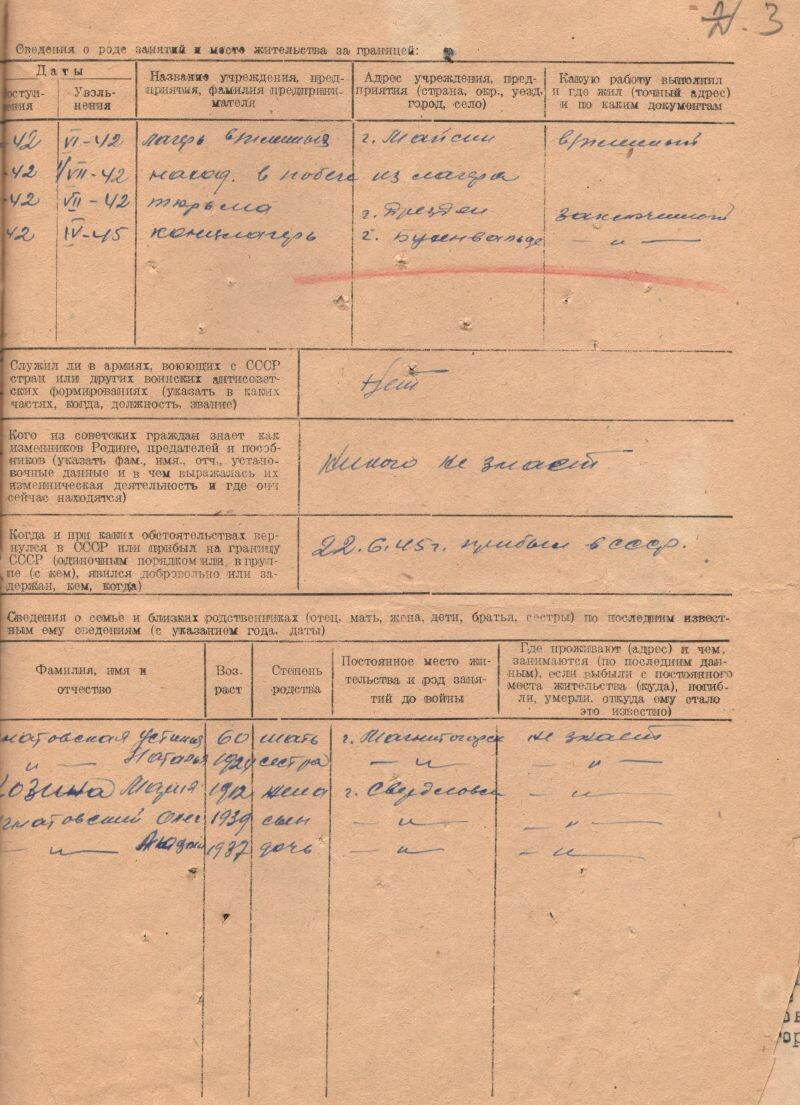 Учетное дело репатрианта Игнатовского М.К., состоявшего в подпольной антифашистской военно-политической организации во время нахождения в плену в лагере Бухенвальд. (ГААОСО. Ф.1. Оп.1. Д.4798. Л.2-3об., 30.)
