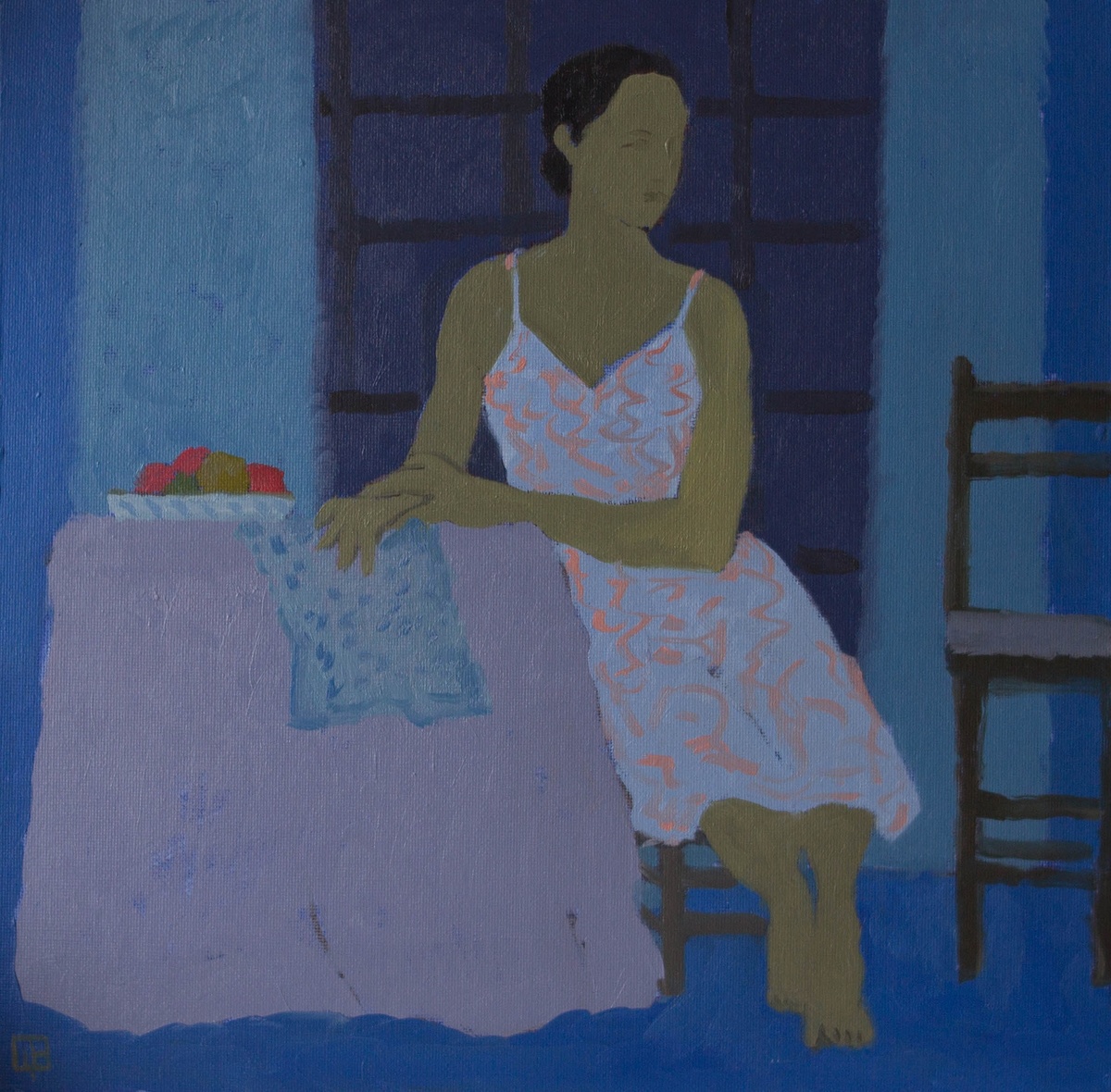 Щепина Е. А. Здесь гармония достигается общим синим колоритом, синий преобладает, поэтому зеленое тело смотрится в этой среде убедительным, площадь его мала и в синей среде начинает подсвечивать через оранжевые. Оранжевый в этой среде загорелся бы подобно фруктам на столе, что было бы не очень гармонично.   