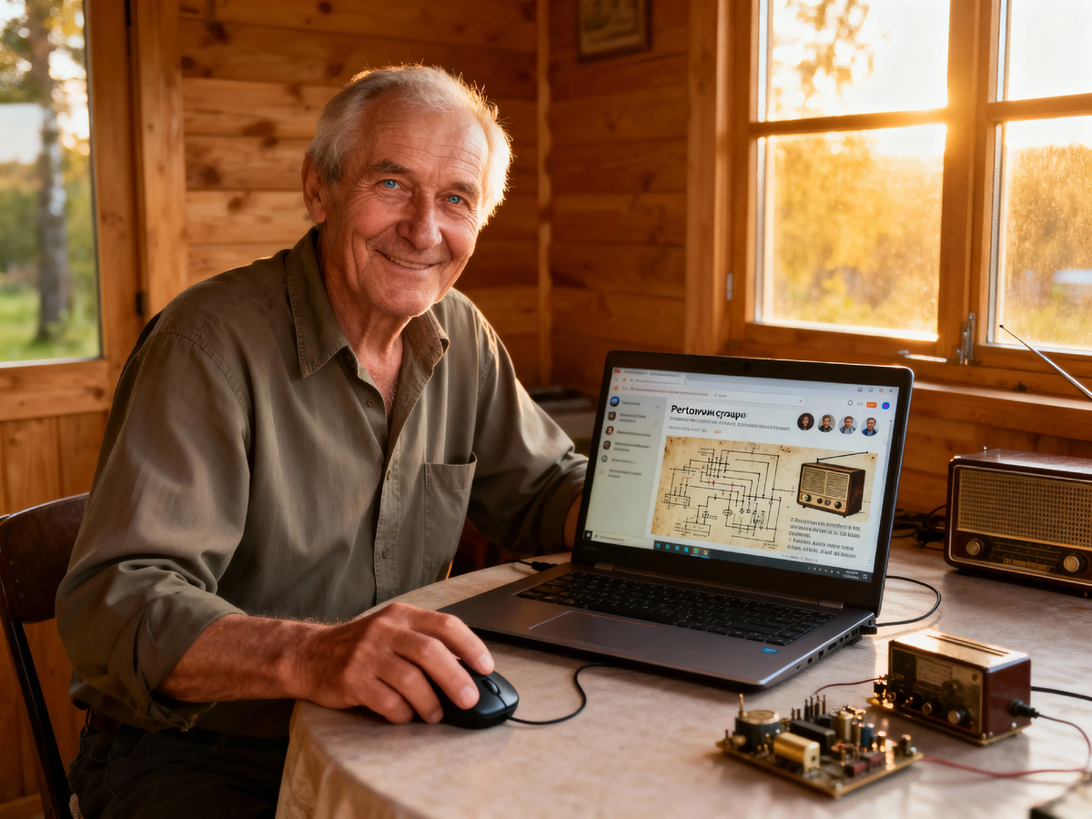 Петрович с ноутбуком — символ новой реальности. Его гаражная мудрость о советских радиодеталях теперь ценится не только в нашем дворе, а по всей стране, благодаря интернету и желанию быть полезным. 🔧💻
