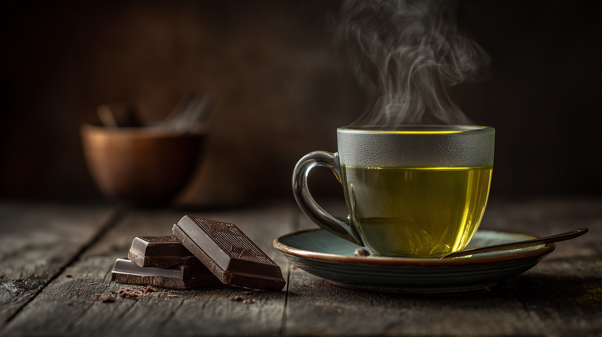 Пара кусочков чёрного шоколада с чаем