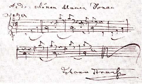 Автограф начала вальса И. Штрауса «На прекрасном голубом Дунае».