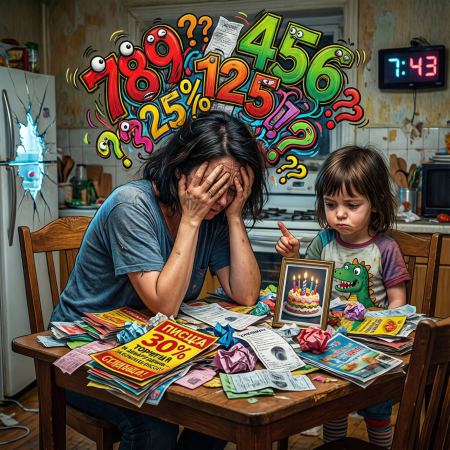 Классический вечер перед праздником. Мечты о торте сталкиваются с суровой реальностью счёта из магазина. Пора вызвать спасательный отряд — математику! 