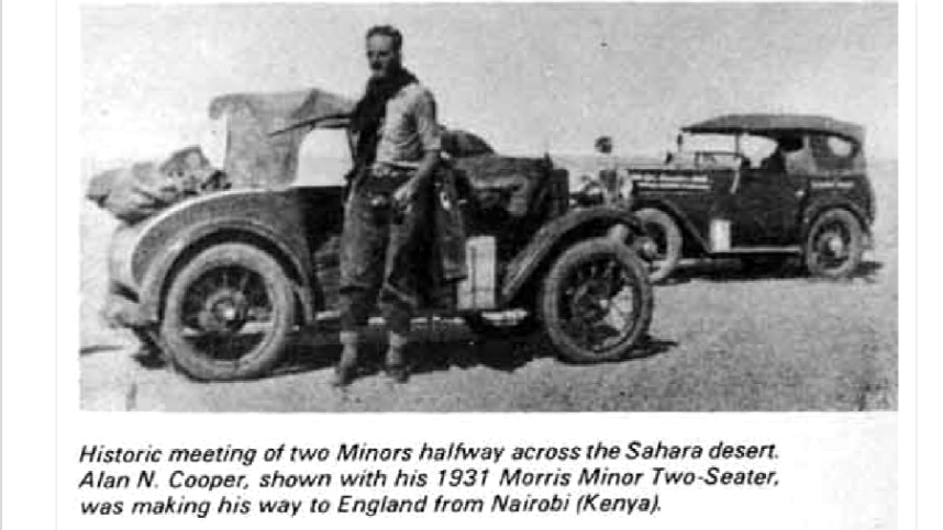 Вырезка из газеты. Алан (Alan Cooper) с его Morris Minor 1931 года выпуска. В статье рассказывается о еще одной экспедиции в 1933 году. Двое, Алан Гилг и Уолтер Кей, предприняли такое же путешествие и по дороге встретили Алана с другом. 