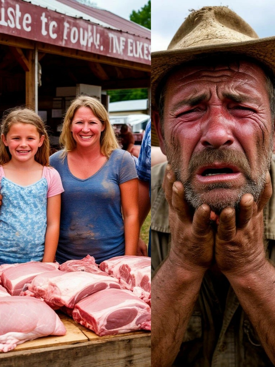    Счастливая семья у мясной витрины с подешевевшей свининой и плачущий фермер, которого ждёт разорение. 