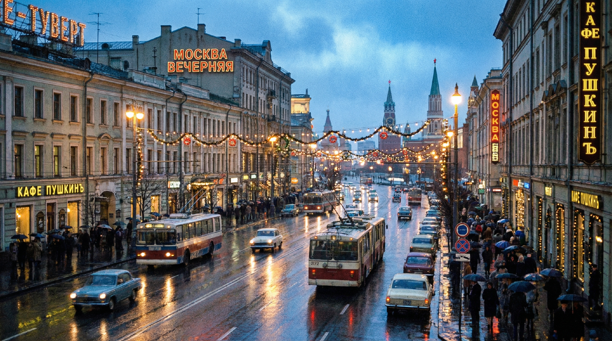 Оригинальный запрос: «Вечерняя Москва, огни, дождь, слегка празднично, ностальгическая атмосфера»