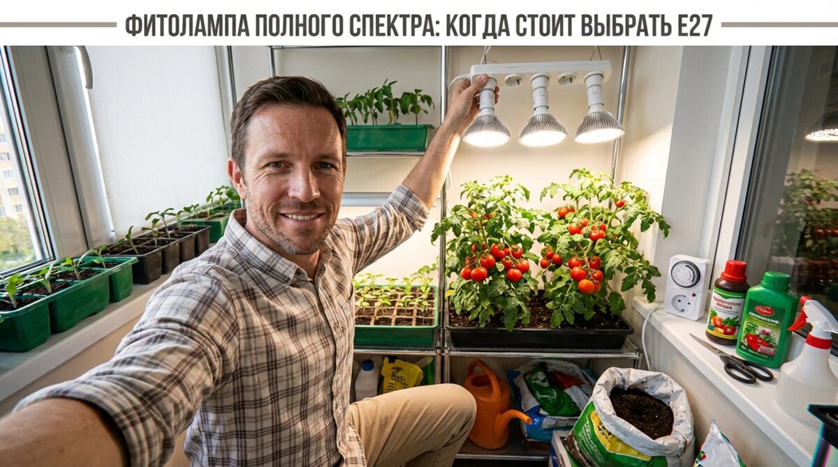 Фитолампа полного спектра с цоколем E27 над кустами томатов