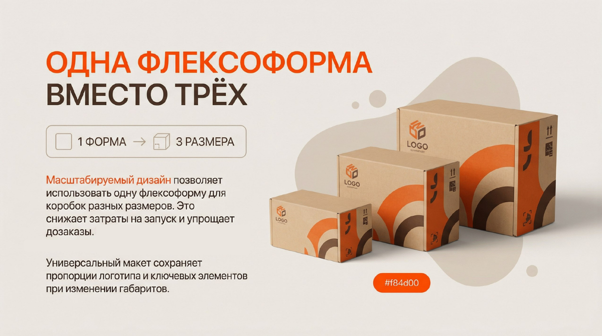 Как это работает технически: флексоформа (печатная форма) — это клише, с которого краска переносится на картон. Если дизайн спроектирован с учётом масштабируемости, одна форма подходит для печати на коробках разной длины и ширины.
