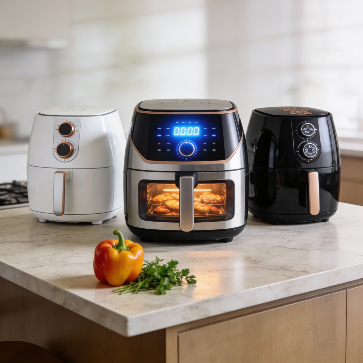 Три аэрогриля на светлой кухне