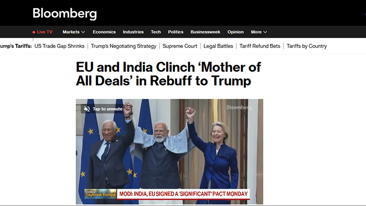    Bloomberg: ЕС и Индия заключают "величайшую сделку" в ответ на действия Трампа. Скриншот: Bloomberg