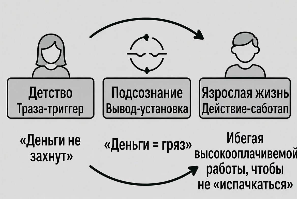 Детство: Фраза-триггер («Деньги не пахнут»). 2. Подсознание: Вывод-установка («Деньги = грязь»). 3. Взрослая жизнь: Действие-саботаж («Избегаю высокооплачиваемой работы, чтобы не «испачкаться»). Прошивка» вашего финансового поведения. Установка — это не абстракция, а чёткий код, который мозг исполняет. Понимание этой трёхступенчатой схемы даёт вам доступ к «исходному коду» — и возможности его переписать.